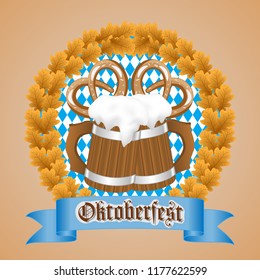 Emblem with wooden mugs, oak leafs, two brezel, vintage ribbon and the text Beer festival Oktoberfest. Vector illustration.