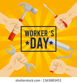 emblem workers day and hands with construction tools