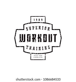 Emblem of workout club. Graphic design with rough texture for t-shirt. Black print on white background