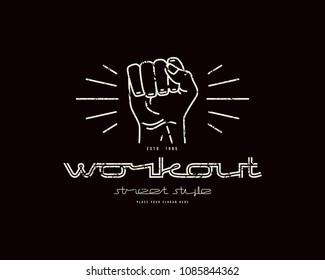 Emblem of workout club with a image of a fist. Graphic design with rough texture for t-shirt. White print on black background