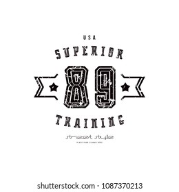 Emblem of workout club in retro style. Graphic design with rough texture for t-shirt. Black print on white background