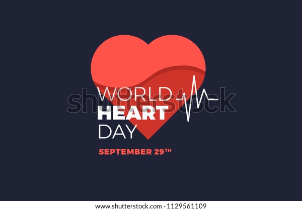 Emblem of World Heart Day with image of red\
heart on dark background. Medical sign on 29th of September. Vector\
illustration.