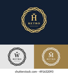 Emblem des gewebten Kreises. Monogram Design Element, würdevolle Vorlage. Einfaches Logo Design Letter H, W, M for Royalty, Visitenkarte, Boutique, Hotel, Heraldic, Web Design. Vektorgrafik