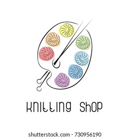 Emblem With Yarn And Knitting Needles. Logo For Knitting Club, Yarn Store, Handmade Artist.Creative Concept With A Palette.