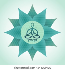 emblem yoga pose on a background of green lotus flower design