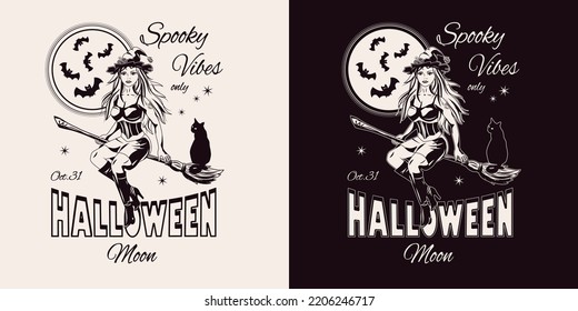 Emblema con bruja joven y hermosa volando sobre palo de hebra, silueta de murciélagos, luna llena detrás, luna de texto de Halloween, vibraciones de cuchara. Ilustración monocroma de estilo vintage.