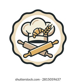 Emblematic illustration representing a bakery, featuring a chef's hat, croissant, wheat stalk, and crossed rolling pins.