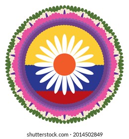 Emblematic round Silleta decorated with Colombian flag colors and flower design, for the traditional parade of Festival of Flowers.