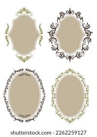 Emblem-like orient pattern, arabesque pattern, damask pattern decorative ruled vintage frame illustration set metallic style.