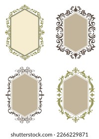 Emblem-like orient pattern, arabesque pattern, damask pattern decorative ruled vintage frame illustration set metallic style.