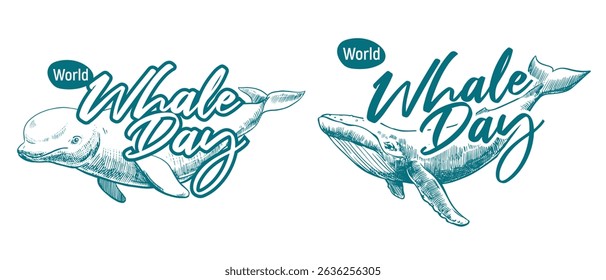 Emblems with an appeal to save marine mammals. Whale Day, February 19, 2025. Vector monochrome linear drawing of a beluga whale and a humpback whale. Concept of the problem of preserving the ocean.
