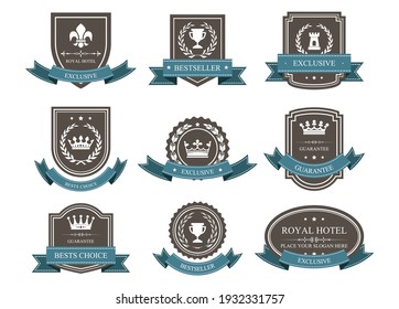 Emblems and badges with crowns and ribbons - award blazon, vector