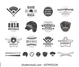 Emblems and badges set of baseball team. Graphic design for t-shirt. Black print on white background