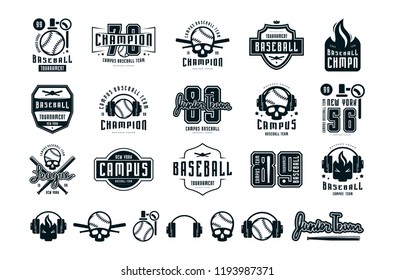 Emblems and badges set of campus baseball team. Graphic design for sticker and t-shirt. Black print on white background