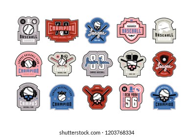 Emblems and badges set of campus baseball tournament. Graphic design for sticker and t-shirt. Color print on white background