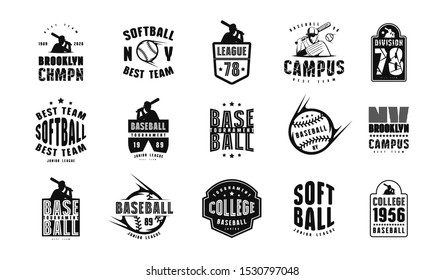 Emblems and badges set of campus baseball team. Graphic design for sticker and t-shirt. Black print on white background