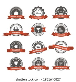 Emblems, badges and stamps with ribbons - awards and seals designs, vector