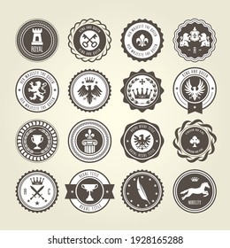 Emblems, Blazons And Heraldic Badges Set, Round Labels Template, Vector