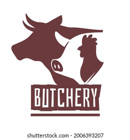 Emblems butcher. Butchery shop labels, domestic animals silhouette and text. Cow pig and rooster heads. Meat market logo, premium qualty product, badge template vector isolated illustration