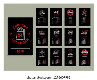 Emblems calendar 2019. Graphic set of transport emblems. Vector