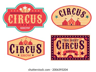 Emblems circus. Fun carnival festival, retro paper signboard, invitational banners and posters event labels. Red colors, striped tents and letterings on ribbons vector cartoon isolated set