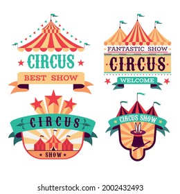 Espectáculo de Emblems Circus. Carteles del festival Retro. Carteles invitacionales del carnaval. Etiquetas de eventos divertidos. Insignias con carpas a rayas y letras en cintas. Rendimiento de entretenimiento vectorial