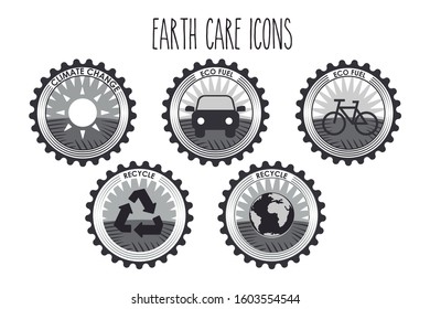 Emblems of climate change. Solar heating, recycling, ecological gasoline and a green world. Editable vector.