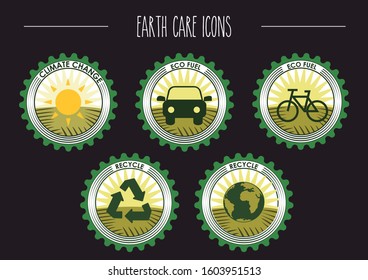 Emblems of climate change. Solar heating, recycling, ecological gasoline and a green world. Editable vector.