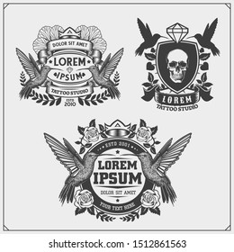 Emblems with colibri, roses and skull. Vector set of tattoo salon labels and design elements.