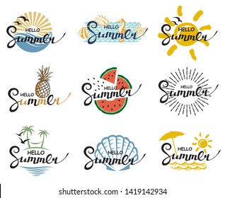 Emblems Collection Of Hello Summer Lettering With Beach, Pineapple And Watermelon Isolated On White Background