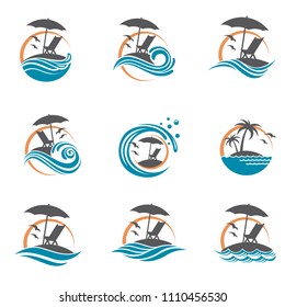 emblems collection of summer vacation with reclining chair and umbrella on island