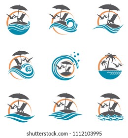 emblems collection of summer vacation with reclining chair and umbrella on island