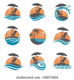 emblems collection of summer vacation with reclining chair and umbrella on island. Vector illustration