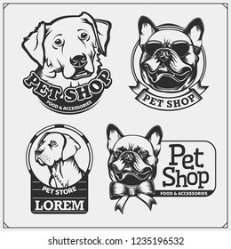 Emblems with dogs portrait for Pets Shop. Cute friendly pets characters. French Bulldog and Golden Retriever. Dogs labels, badges, icons and design elements.