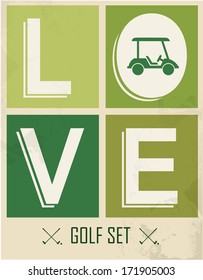 Emblems for golf with two crossed clubs, ball. Retro label design. Postcard.