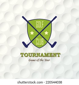 Emblems for golf with two crossed clubs. Retro label design. Postcard. Realistic rendition of ball texture closeup. Seamless background. Tournament poster.