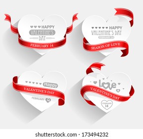 Emblems with hearts and red ribbons with shadow. Vector