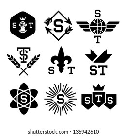 emblems with helmet, shield, arrow, atom