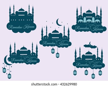 Emblems for islamic holiday Ramadan. Ramadan Kareem, blue mosque, minaret, lantern and moon, muslim holiday lights. Set isolation banners and logos.