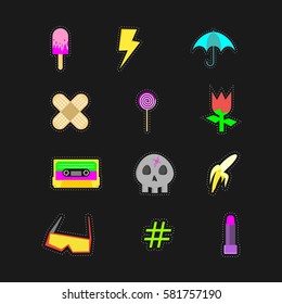 Emblems and labels in patches and dotted outline. Style pop art