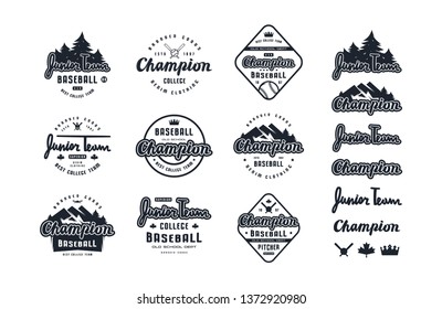 Emblems and lettering set of baseball team. Graphic design for sticker and t-shirt. Black print on white background