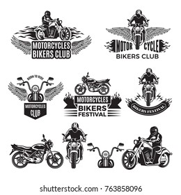 Emblems or logo designs for club of bikers. Illustrations of custom motorcycles and choppers. Motorcycle club and motorbike festival logo vector