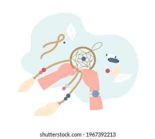 Emblems for macrame creative handicraft hobby, flat vector illustration isolated on white background. Top view on hands knotting cord to make decorative articles.