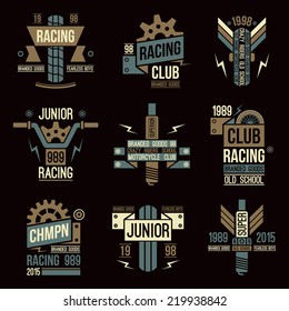 Emblems motorcycle races in retro style. Graphic design for t-shirt. Color print on black background