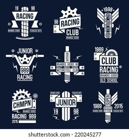 Emblems motorcycle races in retro style. Graphic design for t-shirt. White  print on dark background