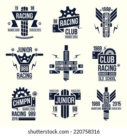 Emblems motorcycle races in retro style. Graphic design for t-shirt. Black print on white background