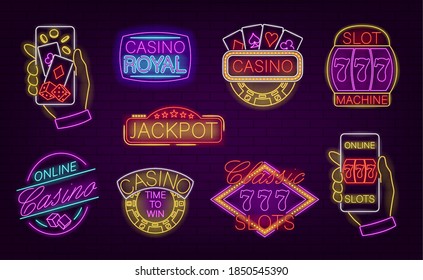 Emblems Neon Color Thin Line Icon Set Include of Poker, Club and Casino. Vector illustration of Icons