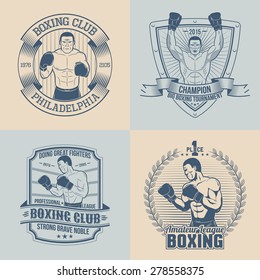 Emblems on the theme boxing - round, triangular, rectangular. Sports logos with boxer.