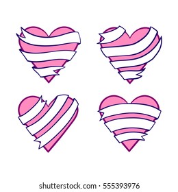 Emblems with pink hearts and white ribbons, hand-drawn hearts and ribbon banners, EPS 8