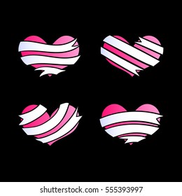 Emblems with pink hearts and white ribbons, hand-drawn hearts and ribbon banners, EPS 10